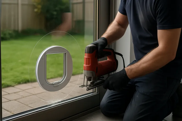 De installatie van een kattenluik in glas